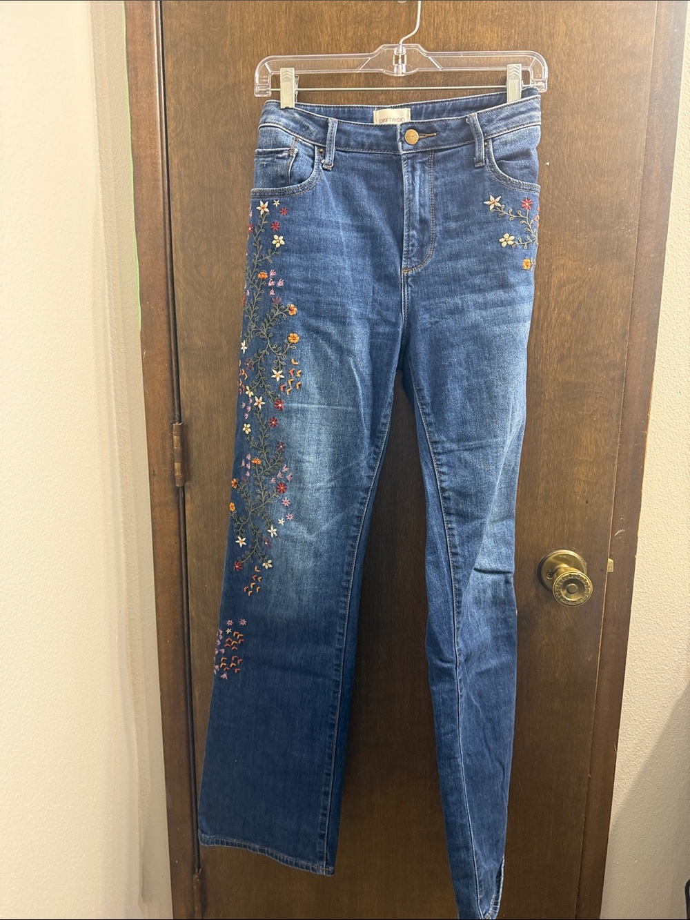 DRIFTWOOD Blue Straight-Leg Jeans with Floral Embroidery
